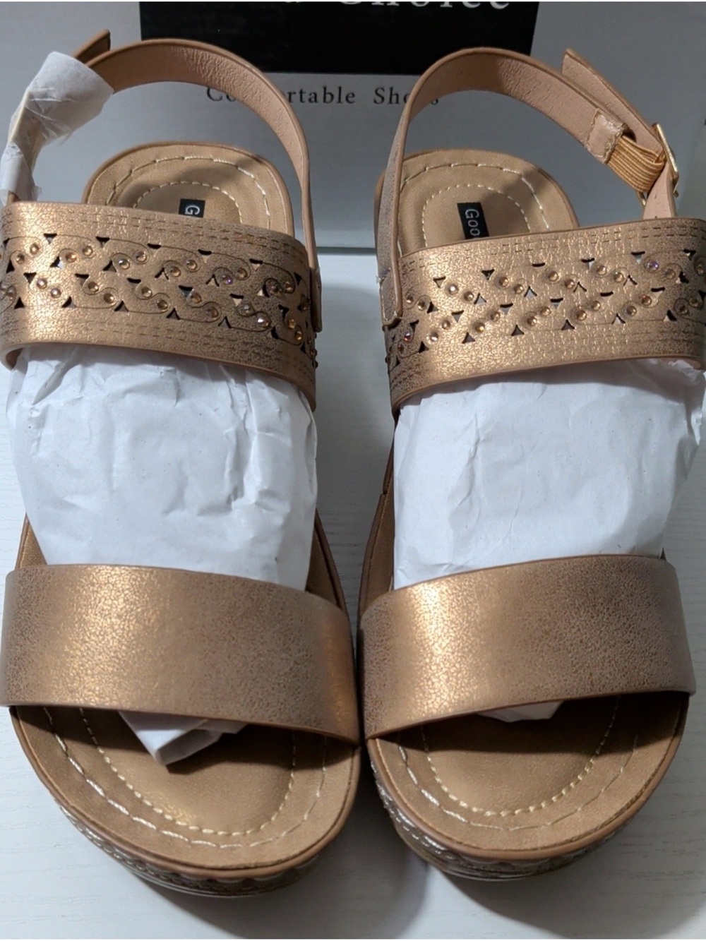 ComfortStep Women’s Rose Gold Wedge Sandals with Decorative Strap